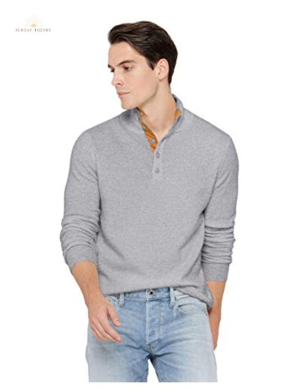 100% Pure Cashmere Mens Mock Neck Button Pullover Sweater
